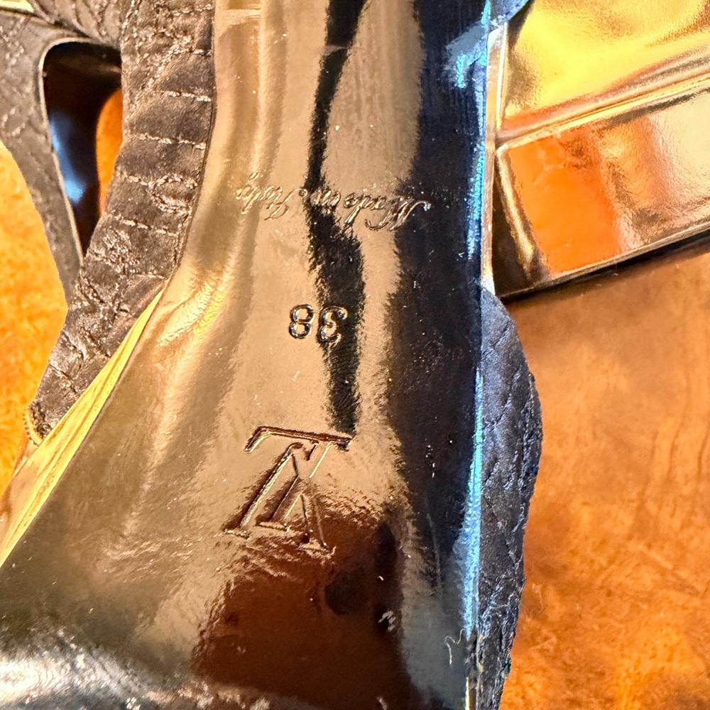 Louis Vuitton Gold and Black Slingback Peep-Toe Heels - Picture 5 of 5
